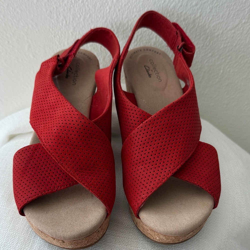 Clarks Red Perforated Crossover Strap Sandals